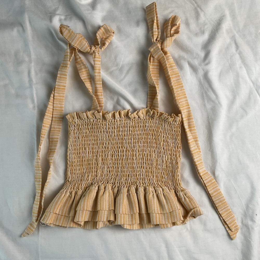 Lunik Yellow Striped Smocked Tie Strap Peplum Tank Top - Women's Small‎